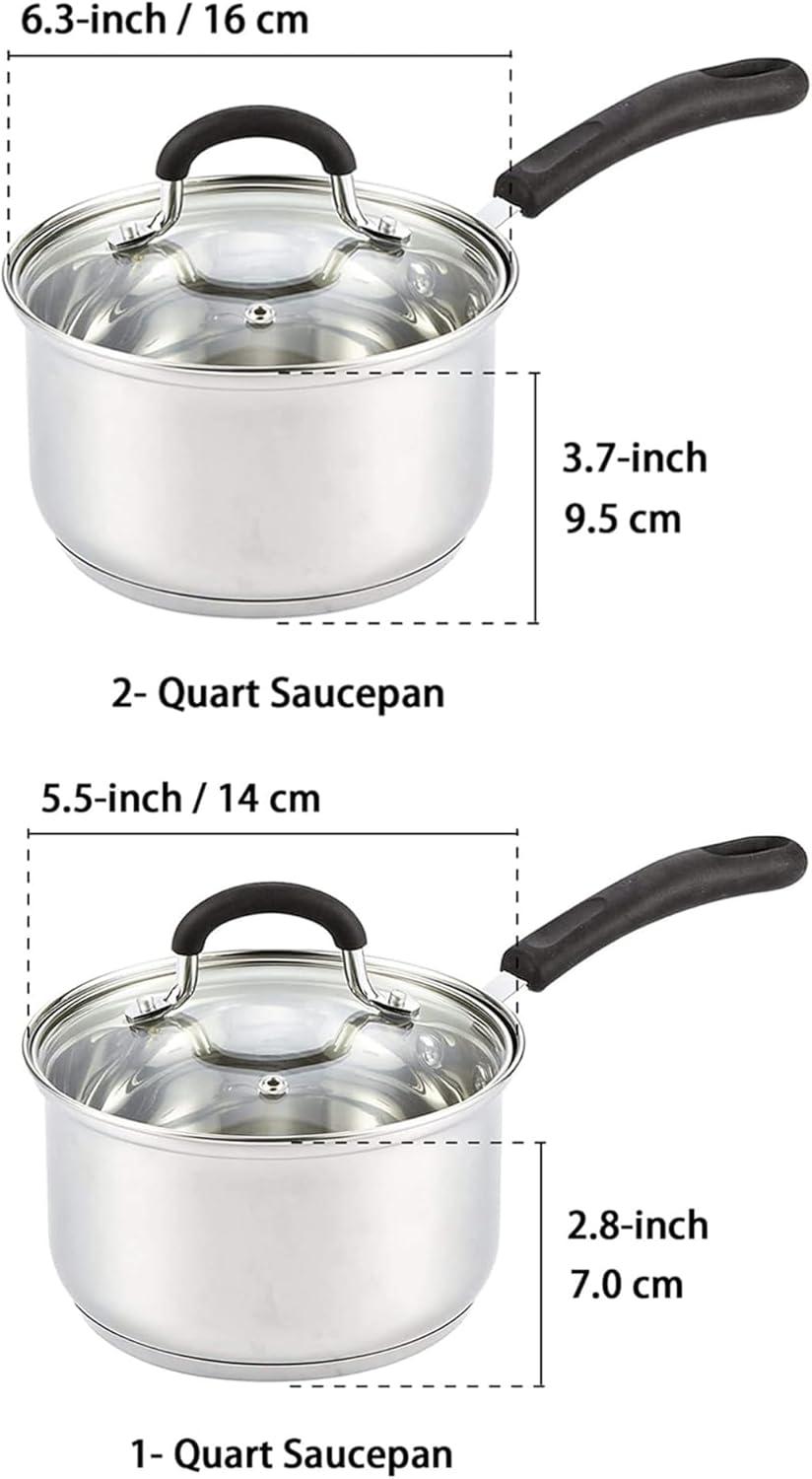 Professional Stainless Steel Saucepan Set with Lids, 1QT and 2QT, Silver