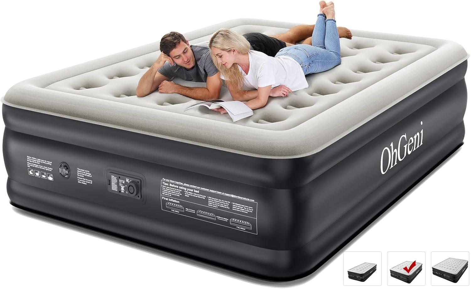 OhGeni Queen Raised Black PVC Air Mattress with Pump