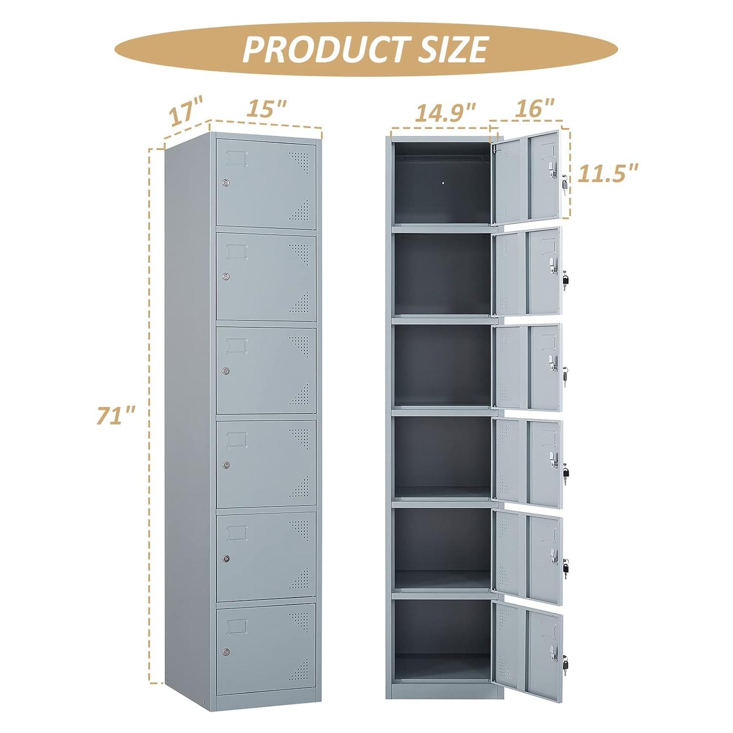 SISESOL Metal Locker Storage Cabinet with Doors and Shelves Metal Lockers with 6 Doors,71" Lockable Small Locker Storage Cabinet for Employees,School, Office, Home, Gym (Gray)