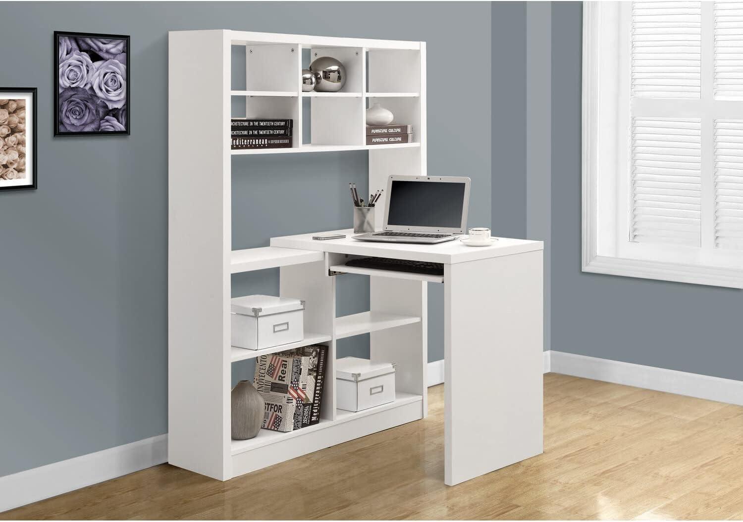 Transitional White Corner Home Office Desk with Keyboard Tray and Shelving