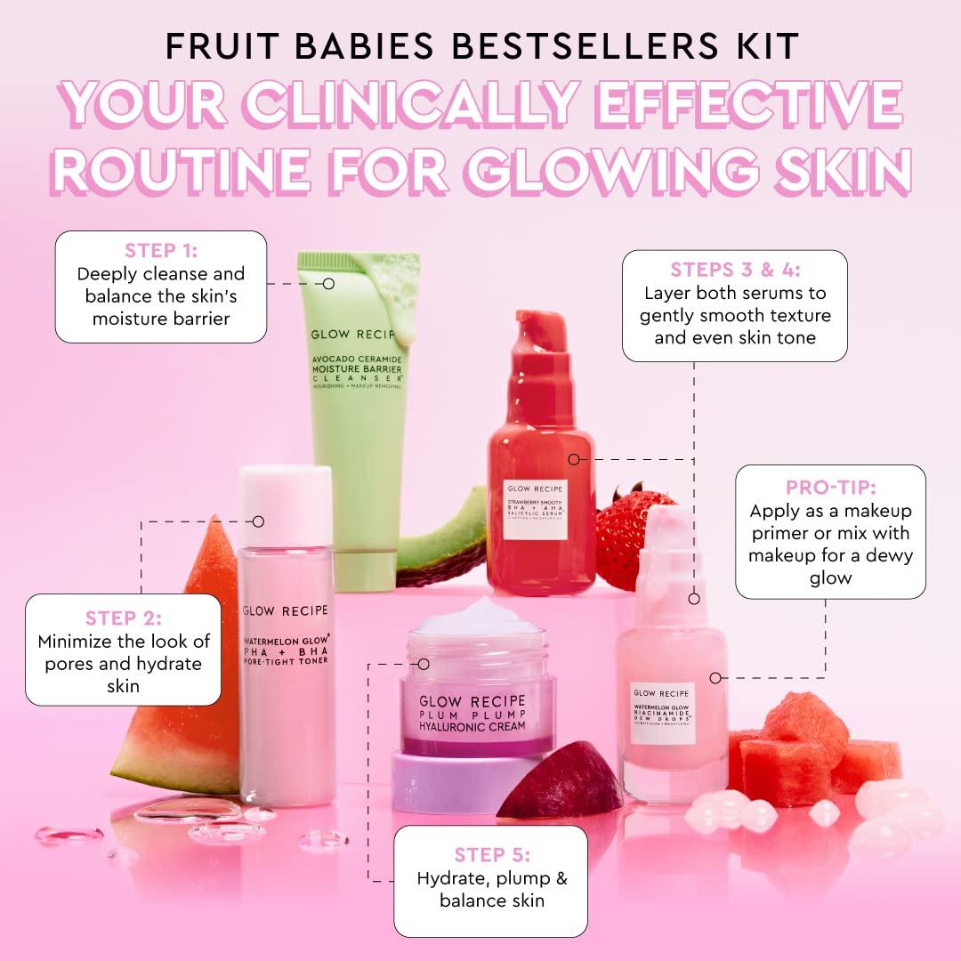 Glow Recipe Fruit Babies Skincare Kit - Gift Set with Ceramide Facial Cleanser, BHA Toner, Vitamin C Eye Cream, Hyaluronic Acid Cream & Niacinamide Dew Drops (5 Count)