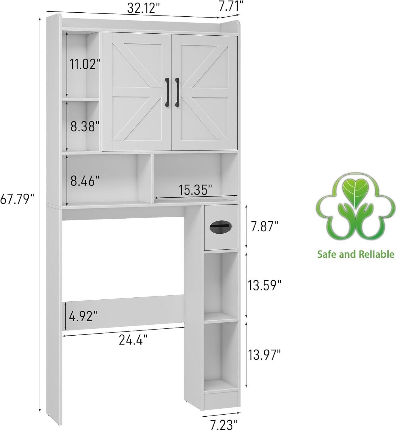 Over The Toilet Storage Cabinet, Farmhouse Storage Cabinet Over Toilet with Sliding Barn Door & Toilet Paper Holder Stand，Home Space-Saving Toilet Rack, for Bathroom, Restroom, Laundry（White）