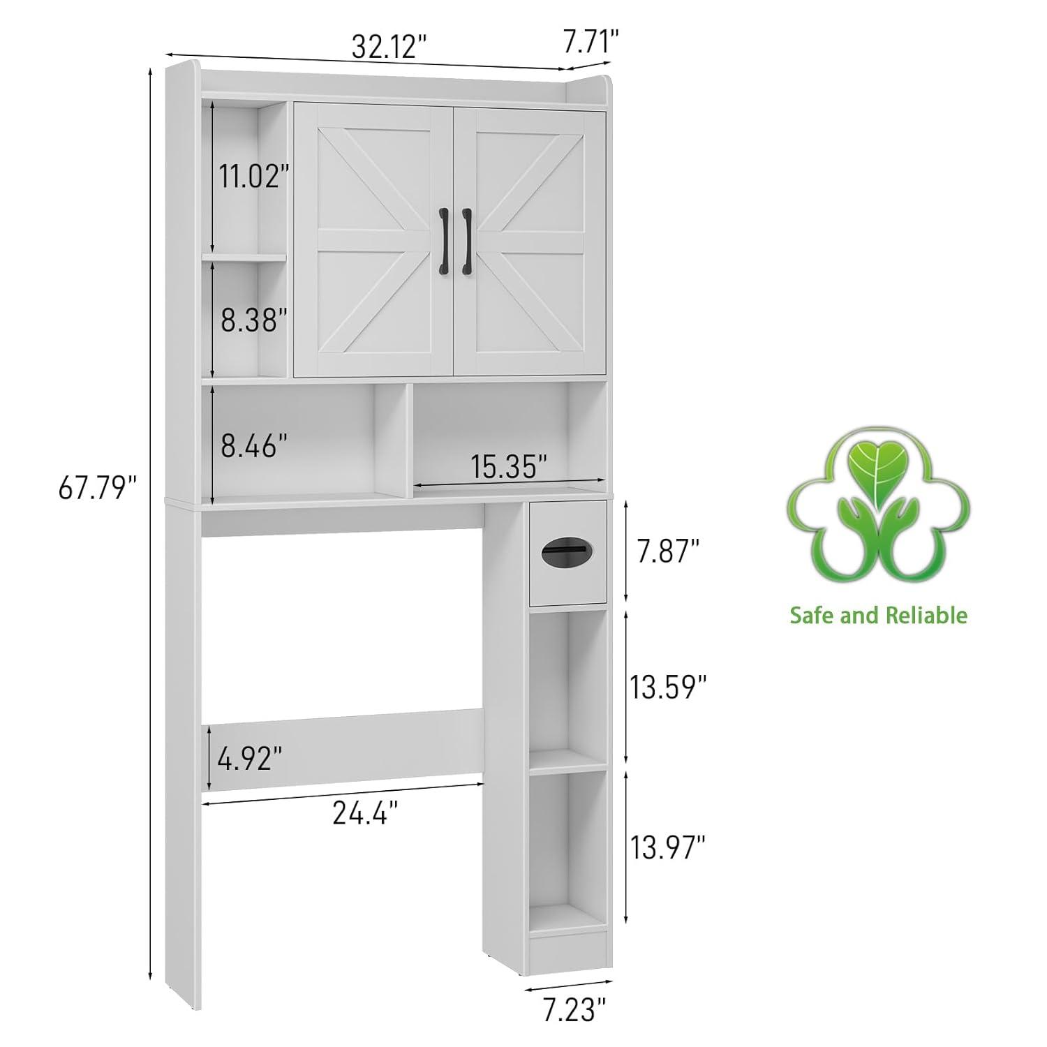 Over The Toilet Storage Cabinet, Farmhouse Storage Cabinet Over Toilet with Sliding Barn Door & Toilet Paper Holder Stand，Home Space-Saving Toilet Rack, for Bathroom, Restroom, Laundry（White）