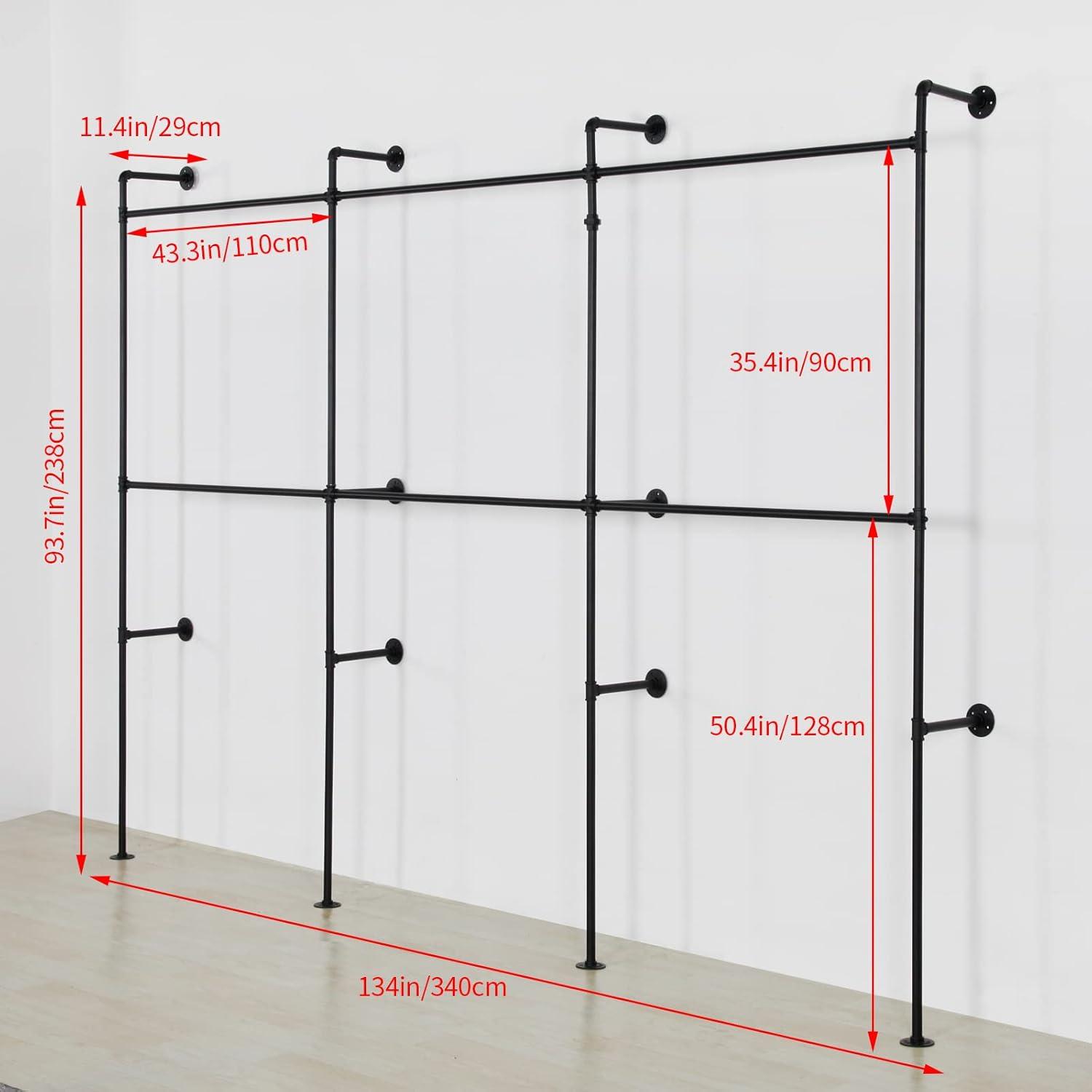 Industrial Pipe Clothes Rack Wall Mounted Clothing Rack,Heavy Duty Iron Pipe Garment Rods,Detachable Multi-Purpose Clothing Hanging Rod/Garment Bar, Black