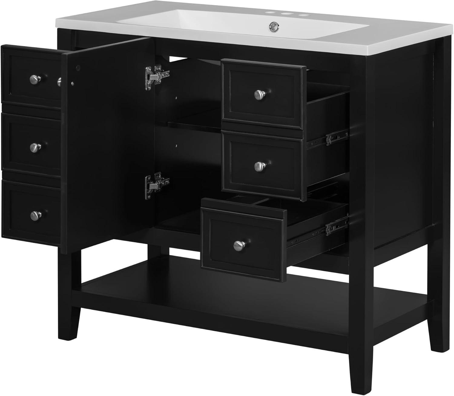 36" Bathroom Cabinet Vanity with Sink Combo, Bathroom Storage Cabinet with 3 Drawers and Two Doors, Solid Wood Frame and MDF Board (Black)