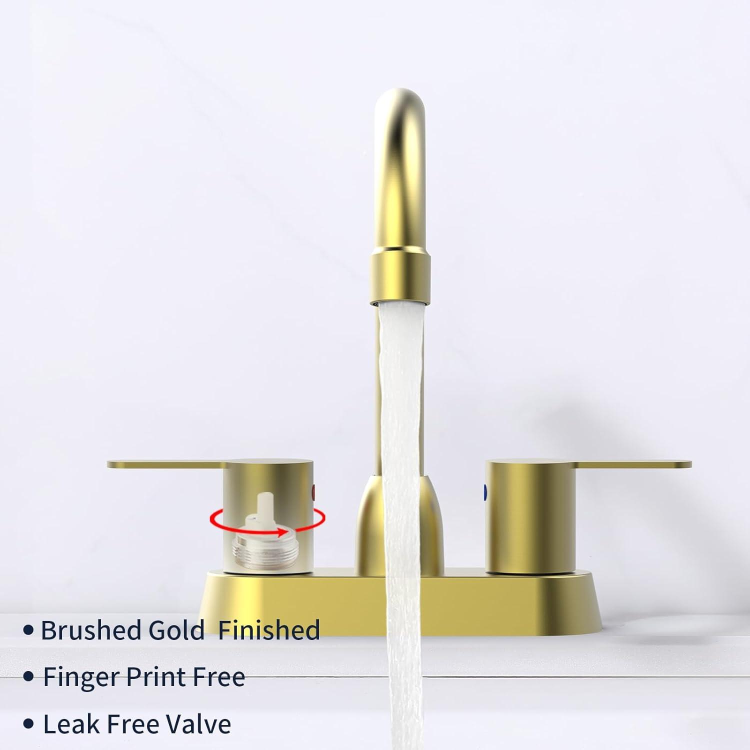 Brushed Gold Bathroom Faucet - 2 Handle, 360 Degree Swivel Spout, Centerset, 4 Inch Vanity, RV & Lavatory Use