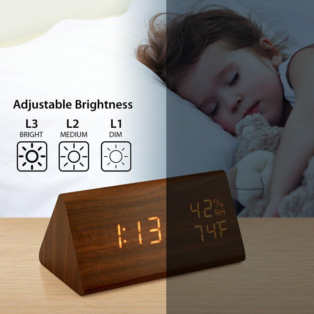 Digital Alarm Clock, with Wooden Electronic LED Time Display, Alarm Settings, Humidity & Temperature Detect, Wood Made Electric Clocks for Bedroom, Bedside,brown，G169865