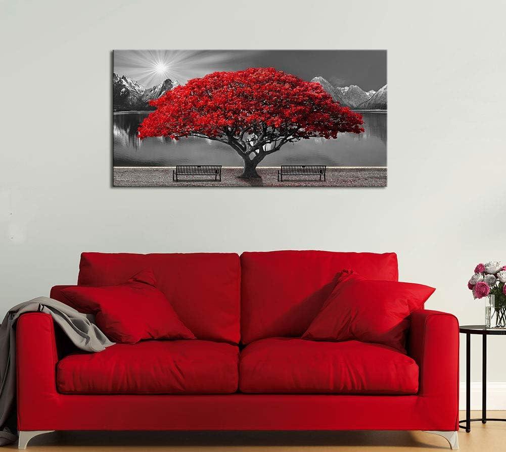 Large Red Tree Landscape Canvas Print with Black Frame