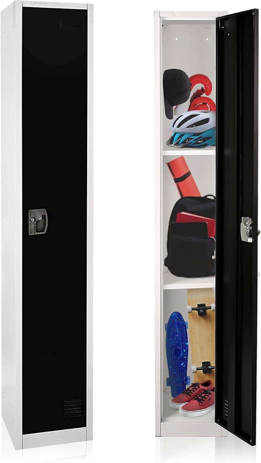 AdirOffice Large Steel Metal Cabinet 1-Tier Storage 1-Door Locker with Key & Hooks, White & Black