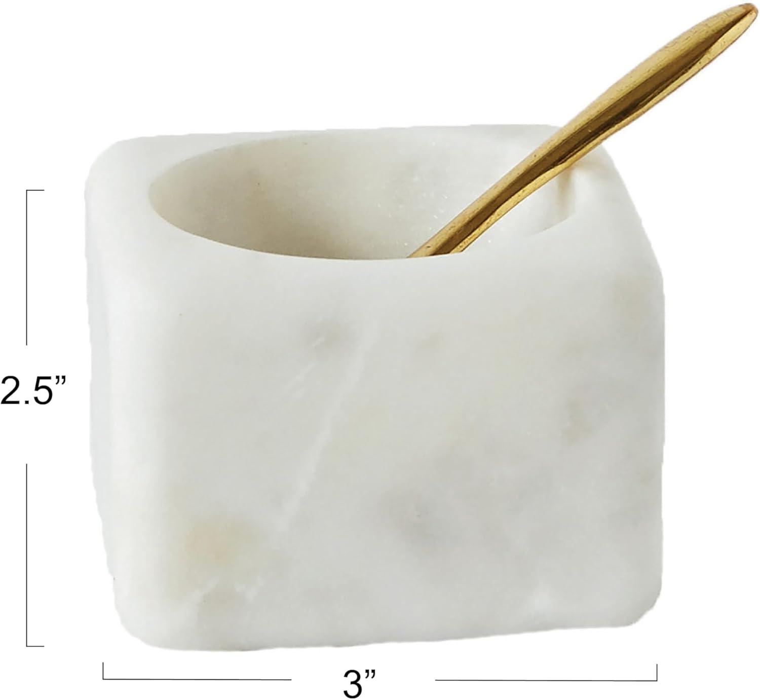 Creative Co-Op Square White Marble Bowl with Brass Spoon (Set of 2 Pieces)