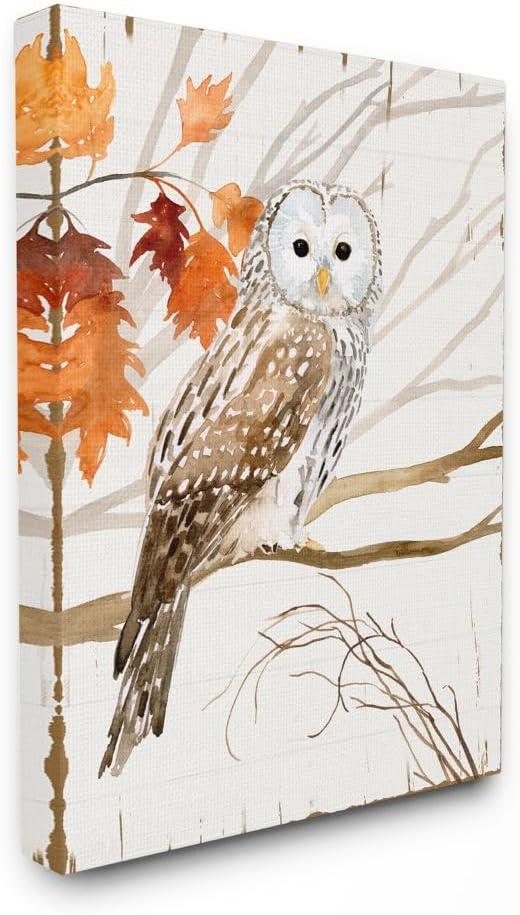 Shadudu Owl in Autumn Forest Animal Watercolor Painting Canvas Wall Art, 20x16-inch 16x20 in