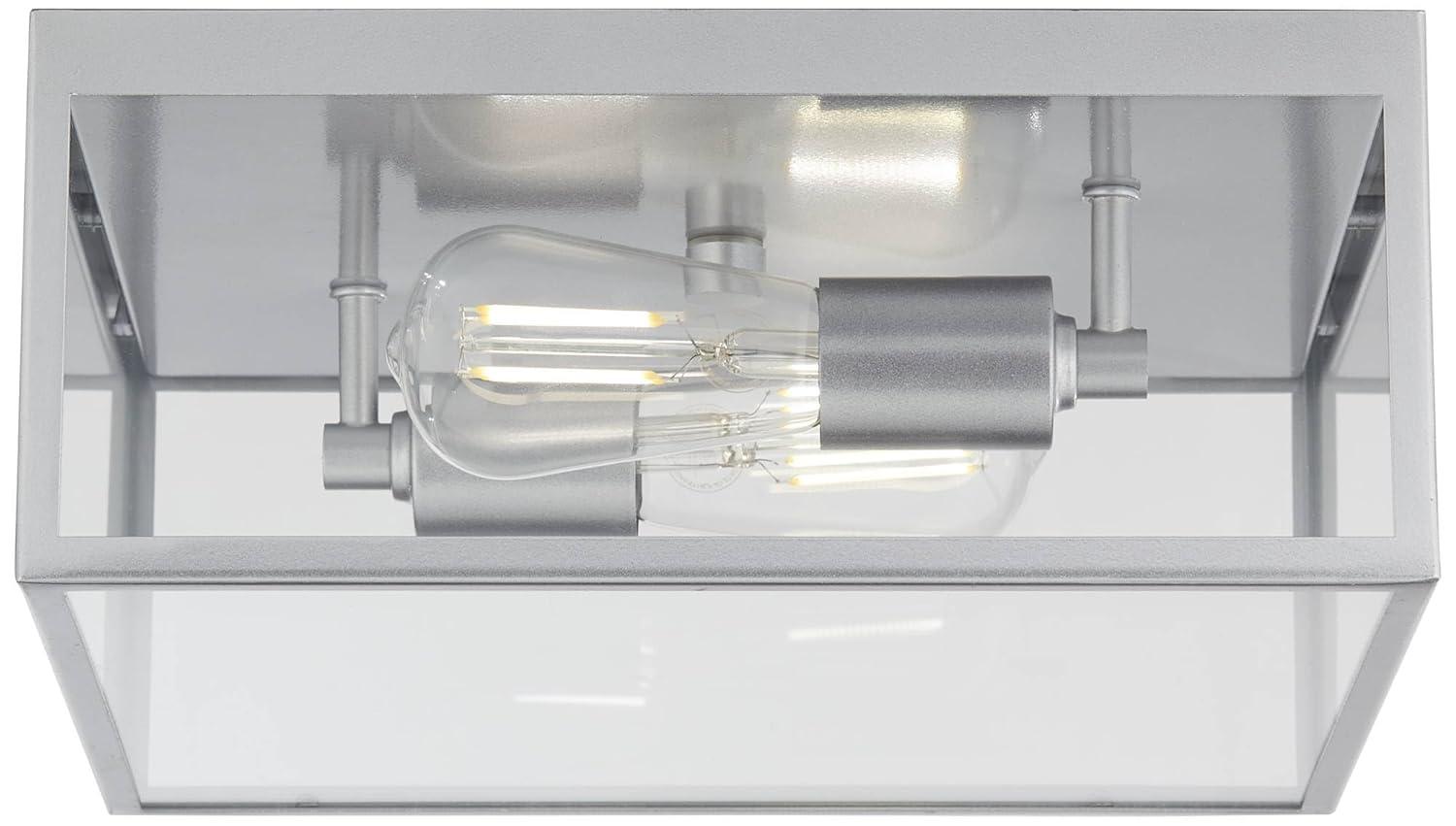 Union Modern Farmhouse Indoor-Outdoor Flush-Mount Ceiling Light Fixture 12" Matte Silver Nickel Clear Glass Panels Square Exterior House Porch Patio Outside Deck Garage Entryway Home