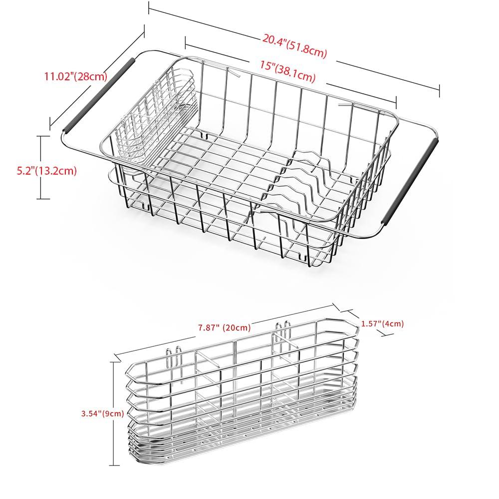 Expandable Sink Dish Drying Rack for Kitchen Counter,Durable 304 Stainless Steel Dish Drainer with Utensil Holder Over Sink,with Utensil Holder-Large(for 2-5 People)