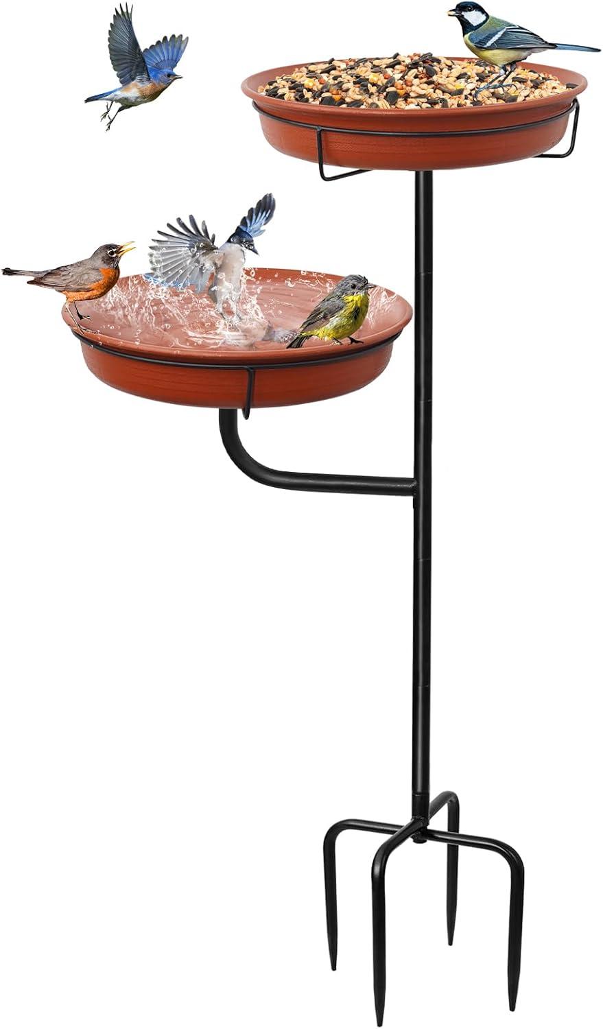 Freestanding Birdbaths Bowl Outdoor, Free Standing Garden Bird Bath Bird Feeder Bowl with Metal Stake, Detachable Decoration Spa Birdfeeder for Garden Patio Yard Lawn, 4 Spiky Feet (Brown)