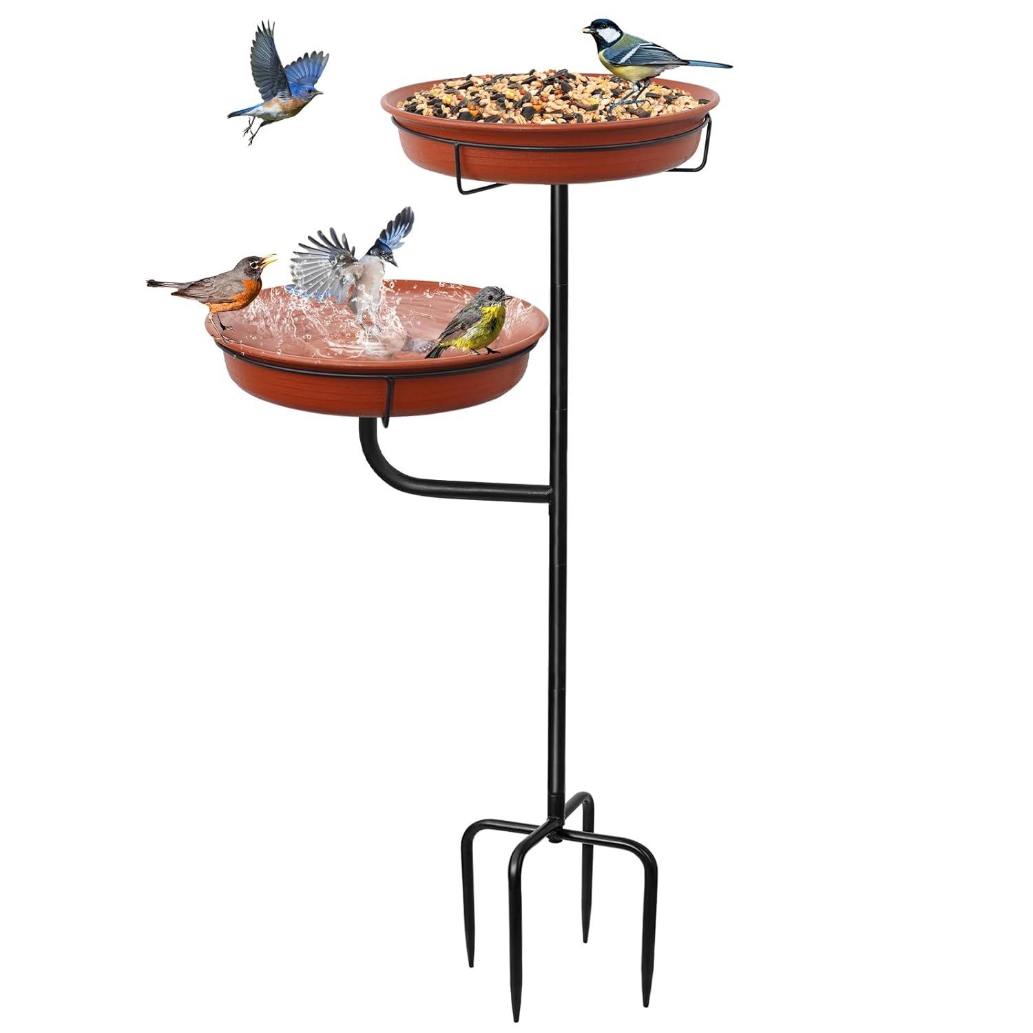 Freestanding Birdbaths Bowl Outdoor, Free Standing Garden Bird Bath Bird Feeder Bowl with Metal Stake, Detachable Decoration Spa Birdfeeder for Garden Patio Yard Lawn, 4 Spiky Feet (Brown)