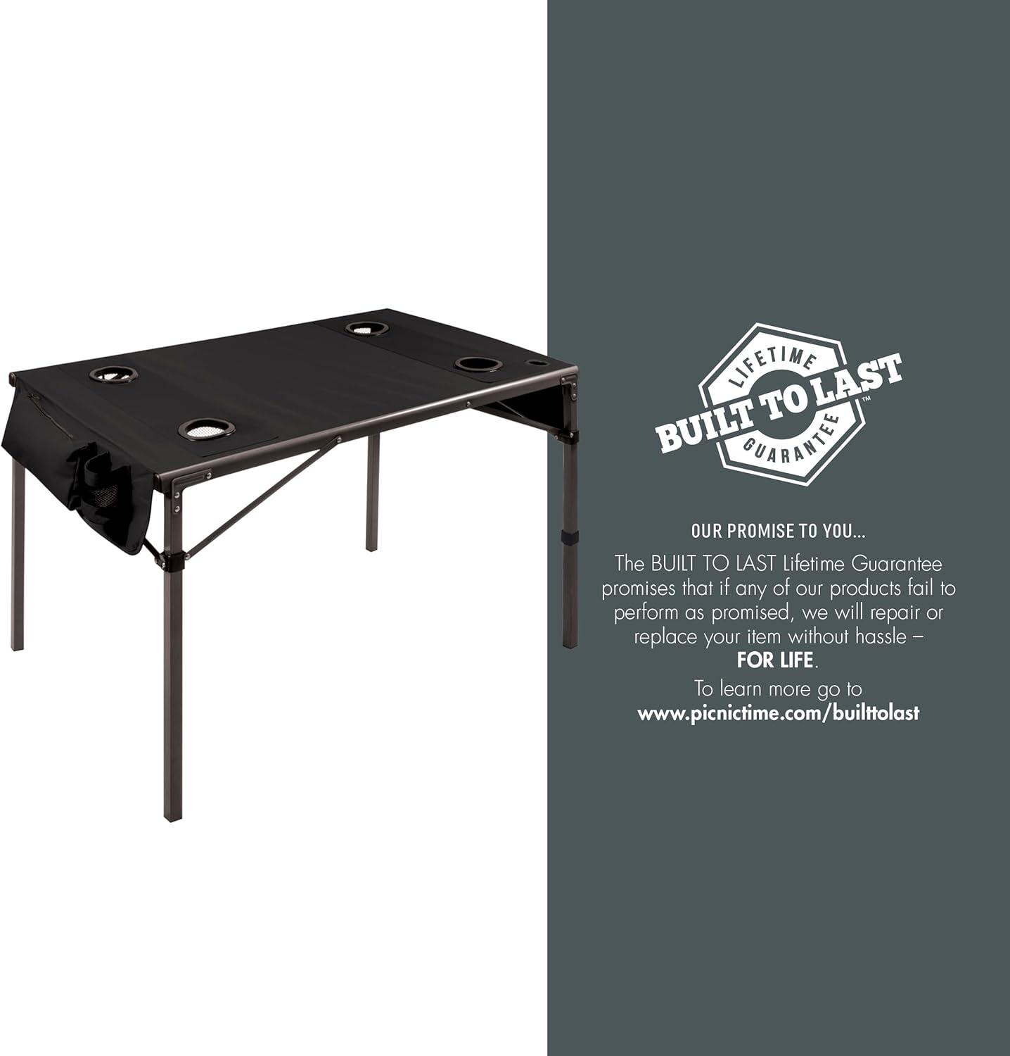 Compact Black Folding Travel Table with Drink Holders and Storage