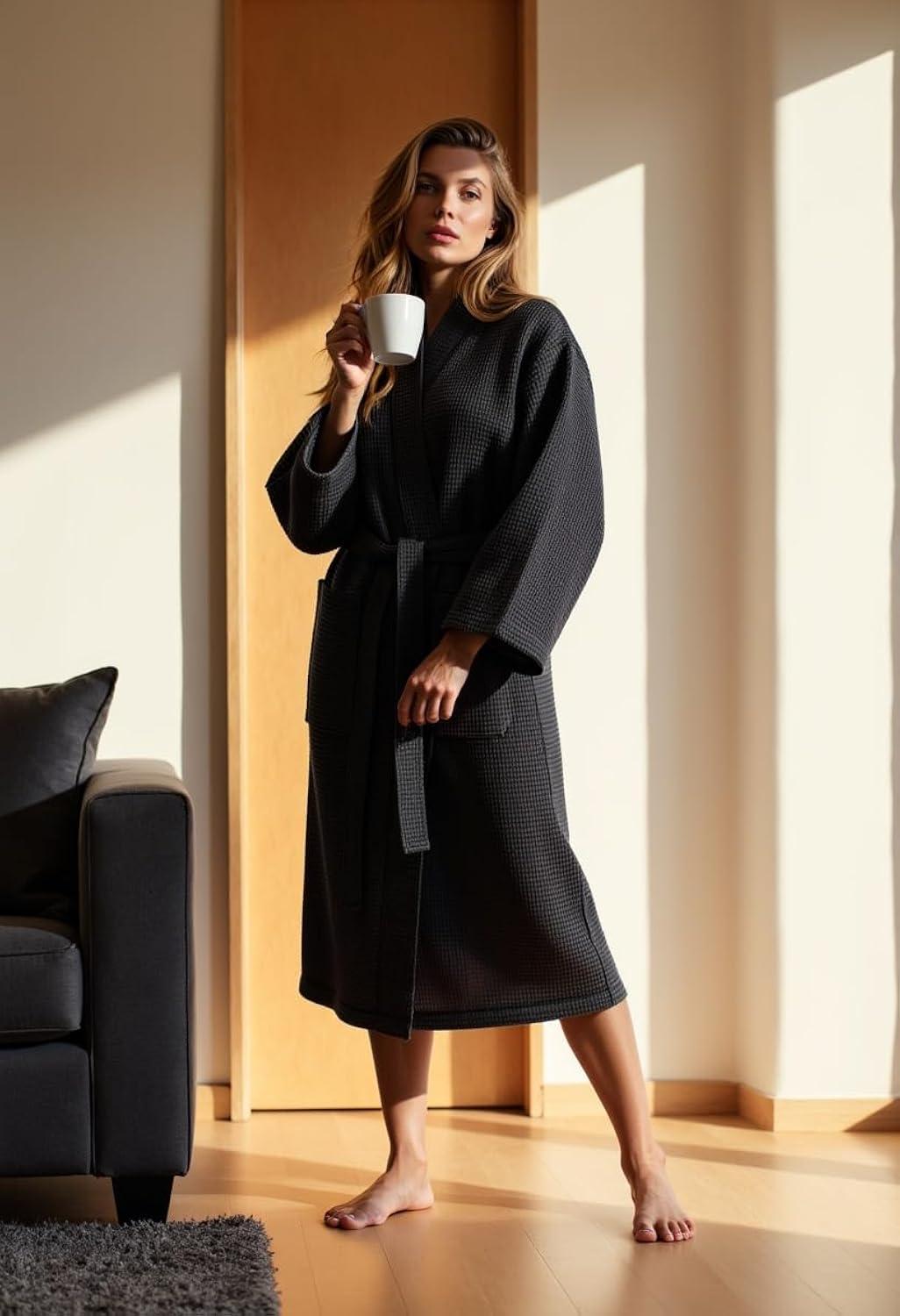 Turquaz Linen Lightweight Long Waffle Kimono Unisex Spa Robe (One Size, Black)