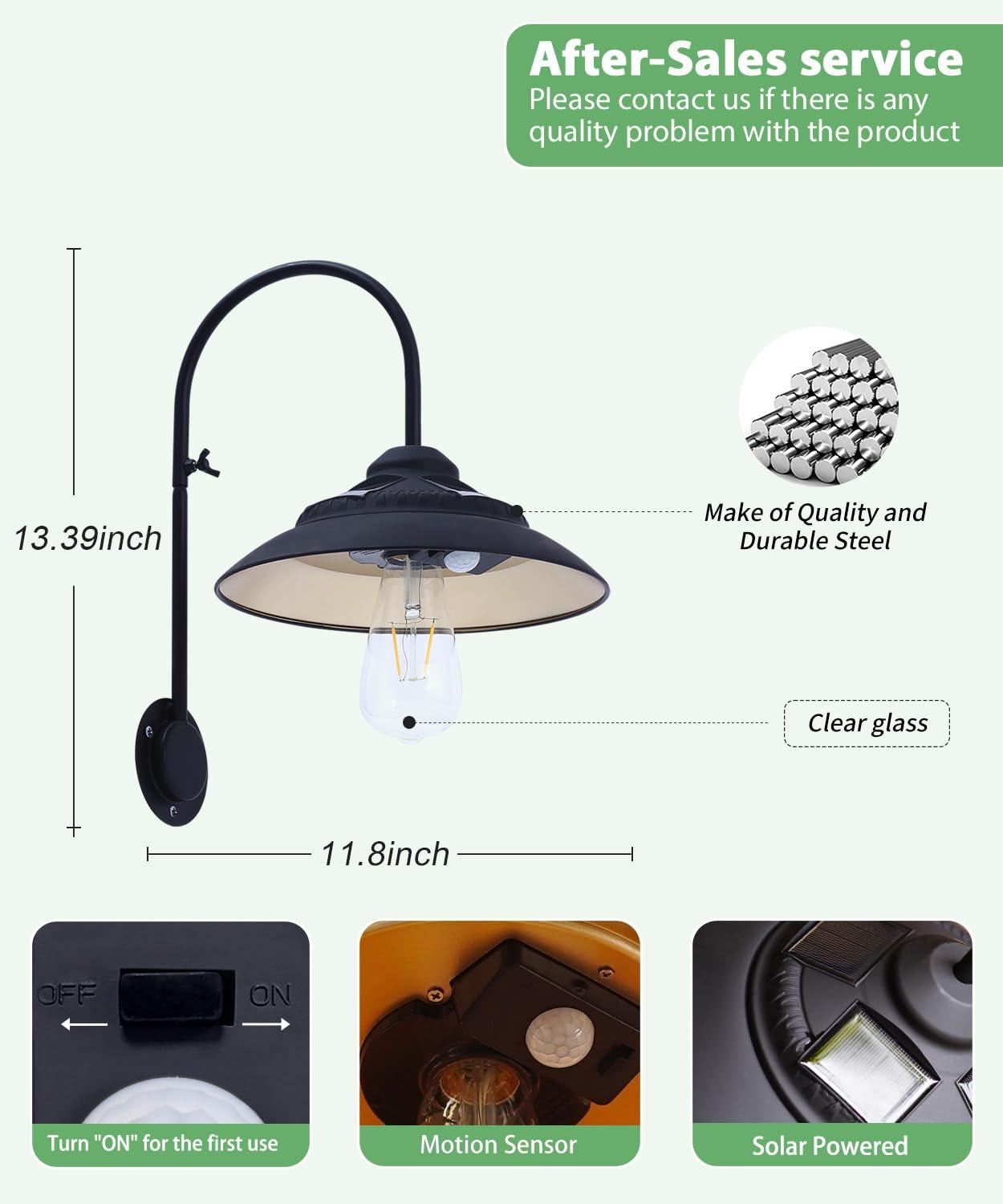 Goodeco Solar Barn Light with Motion Sensor - Metal Design Outdoor Lights - 4 High Efficiency Solar Panels with Clear Glass LED Edison Bulb, Perfect Chicken Coop Light & More (Black)