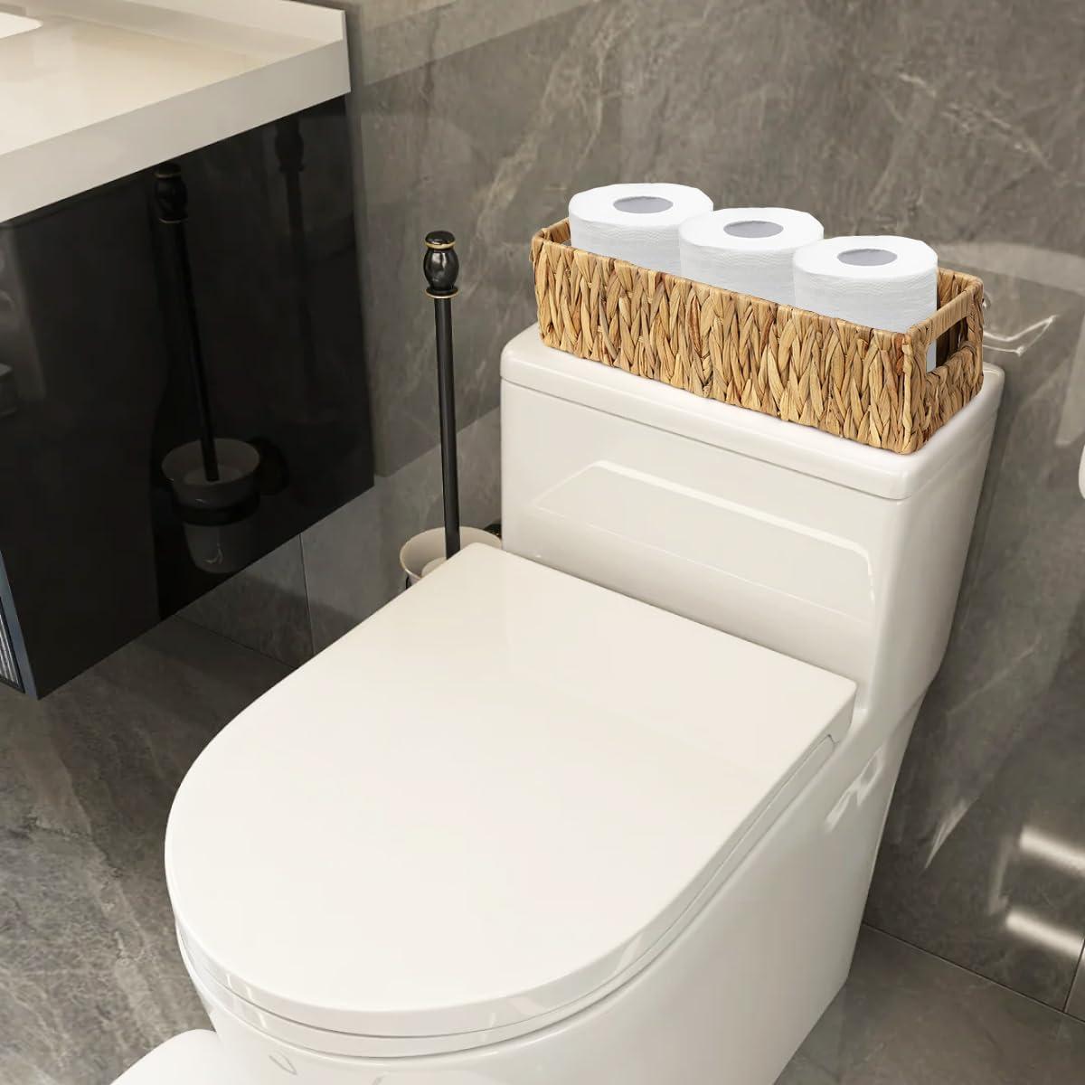 INDSUMOT Set of 2 Bathroom Storage Baskets, Natural - Water Hyacinth, 16" W x 6.75" D x 4.25" H, Woven Toilet Tank Topper Bins for Organizing Tissues, Toilet Paper, Toiletries, Shelves