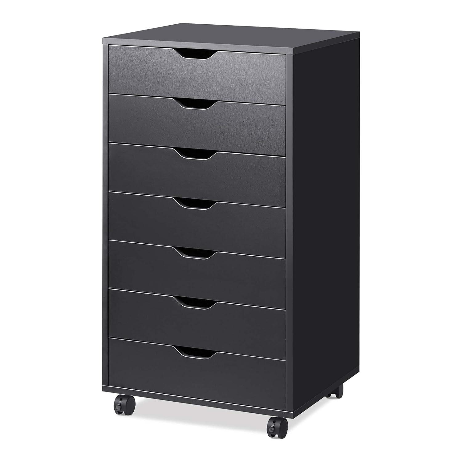 DEVAISE 7-Drawer Chest, Wood File Cabinet with Wheels, Black