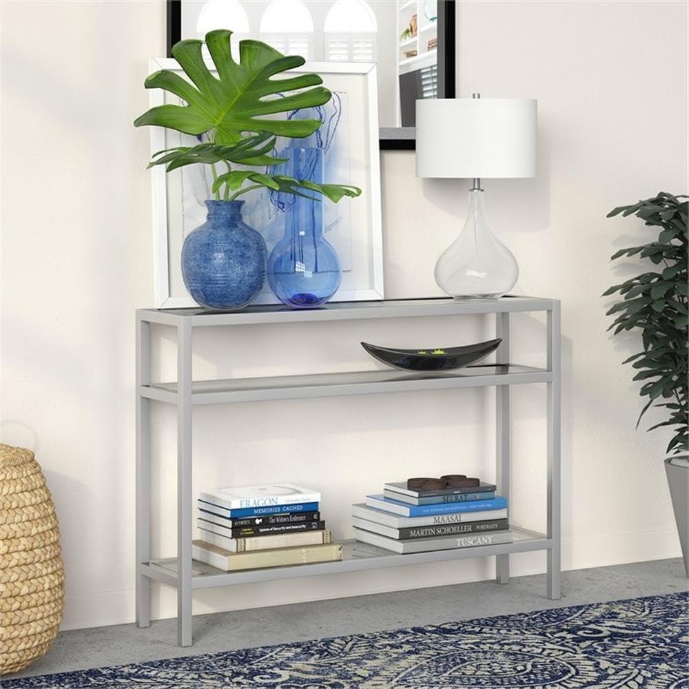 Evelyn&Zoe 42" Satin Nickel Metal/Glass Console Table