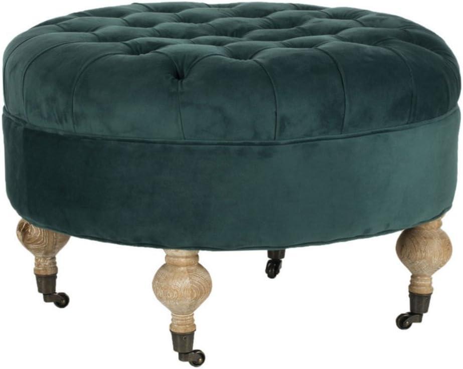 Transitional Clara 27" Tufted Round Ottoman in Marine Blue Velvet