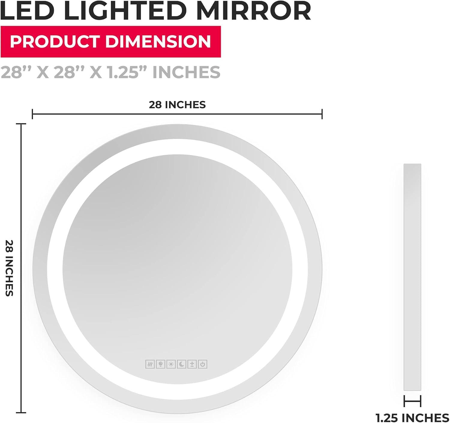 Round Lighted LED Bathroom and Vanity Mirror 28 inch with Anti Fog, Wall Mounted, Dimmer Touch Sensors by Fab Glass and Mirror