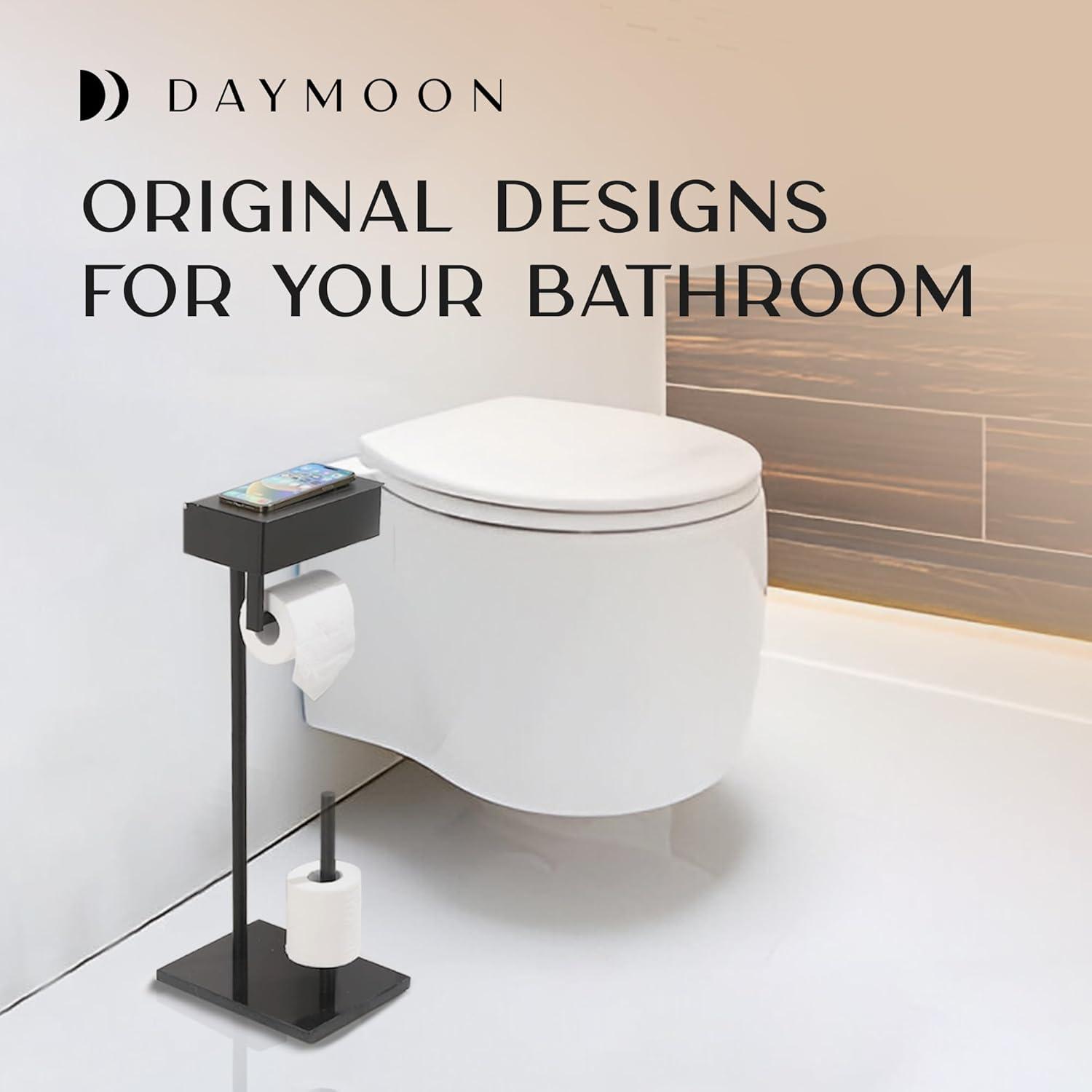 Day Moon™ Matte Black Toilet Paper Holder Free Standing Toilet Paper Holder with Storage - Toilet Paper Stand and Tissue Holder for Bathroom - Toilet Paper Holder with Shelf and Wipe Holder