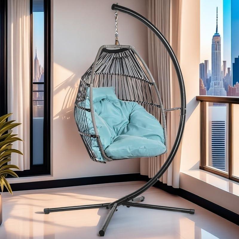 Barton Egg Swing Chair With Stand, Hanging Egg Chair Outdoor, Rattan Wicker Patio Hanging Basket Hammock Chair With Aluminum Steel Frame & UV Resistant Cushion For Indoor Bedroom Balcony, Aqua