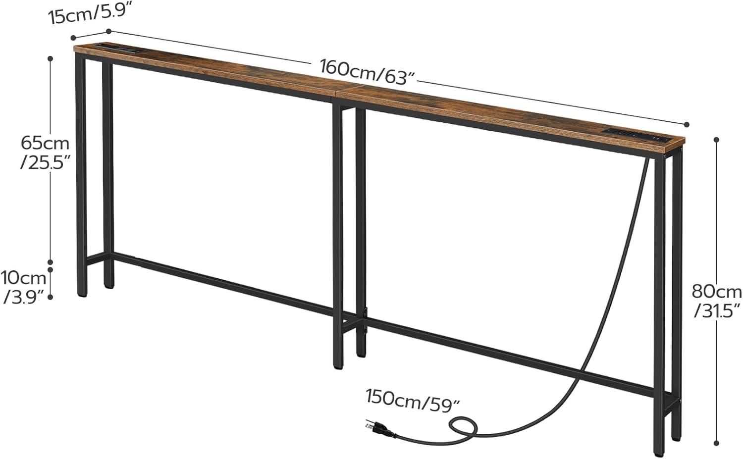 Console Table with Power Outlet, 63" Narrow Sofa Industrial Entryway Behind Couch Table with USB Ports for Entryway, Hallway, Foyer, Living Room, Bedroom CTHR16E01Z