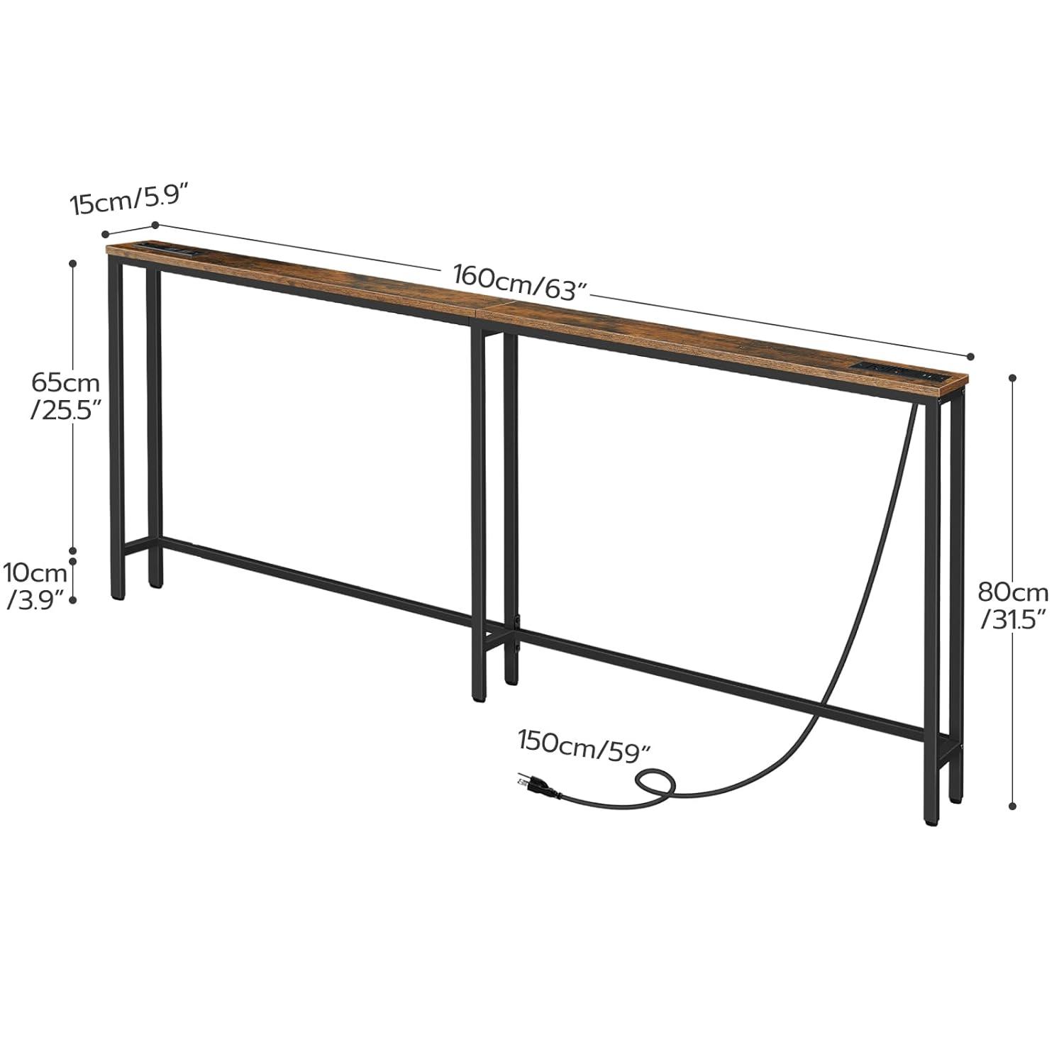 Console Table with Power Outlet, 63" Narrow Sofa Industrial Entryway Behind Couch Table with USB Ports for Entryway, Hallway, Foyer, Living Room, Bedroom CTHR16E01Z