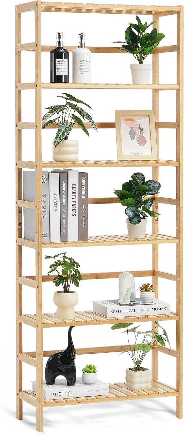 Bamboo Bookshelf 6 Tiers Bamboo Ladder Bookcase Rectangle Storage Rack