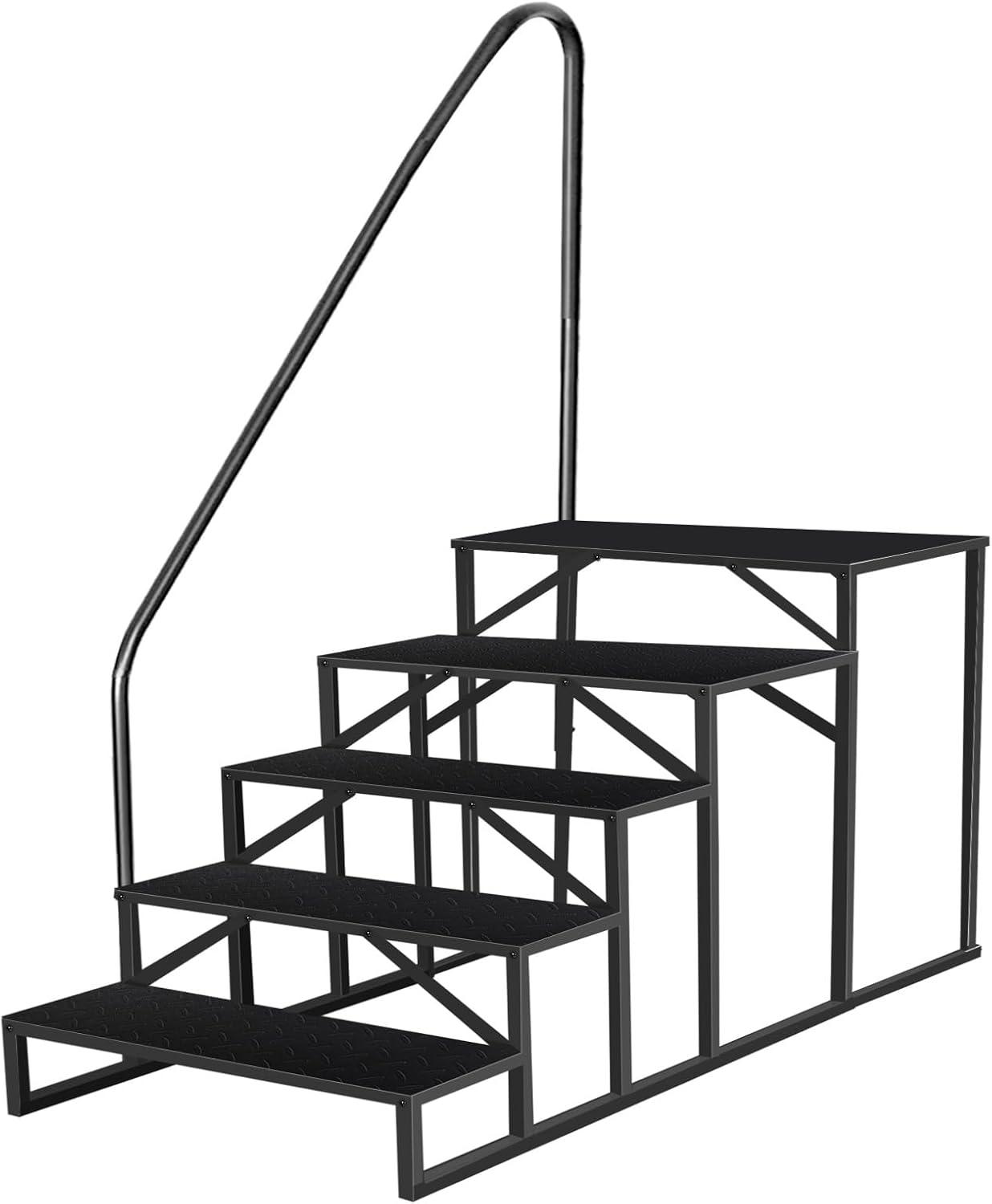 Tcbosik RV Steps with Handrail, 5 Steps Ladder Hot Tub Steps, Portable Stairs Step with Anti-Slip Panel, Heavy Duty Metal Mobile Home Stairs for Outdoor RV Step, Camper Trailer, Black