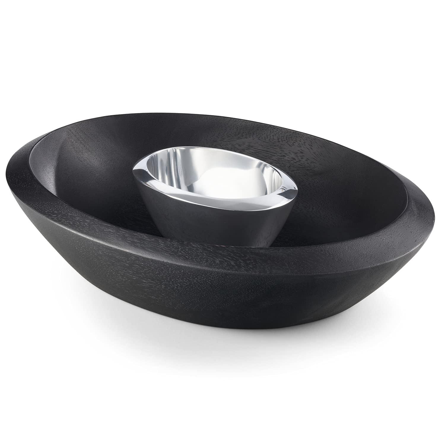 Nambe - Noir Collection Dark Stained Acacia Wood Chip & Dip Serving Bowl with Nambe Alloy Dip Bowl #MT1468