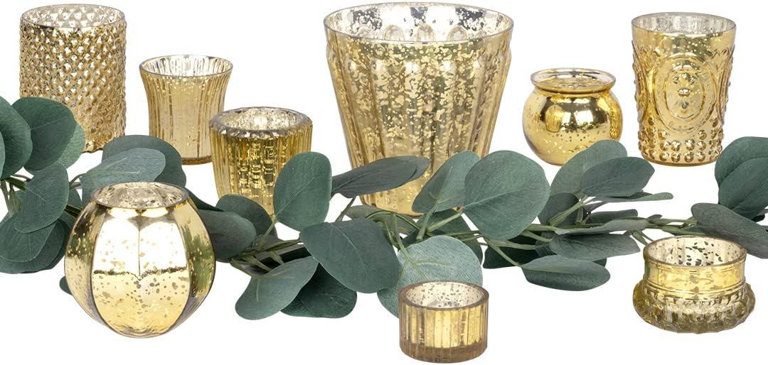 Koyal Wholesale Glass Gold Mismatched Votive Candle Holder Mega Set of 12 for Wedding & Home Decor