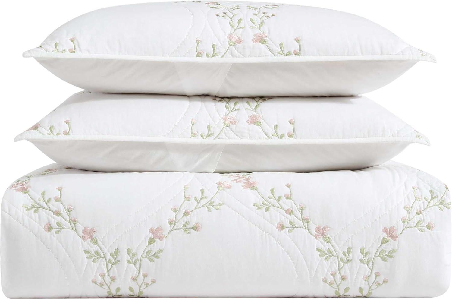 Laura Ashley - Full/Queen Quilt Set, Super Soft & Breathable Embroidered Bedding with Matching Sham(s), Floral Home Decor (Floral Embroidery Pink, Full/Queen)