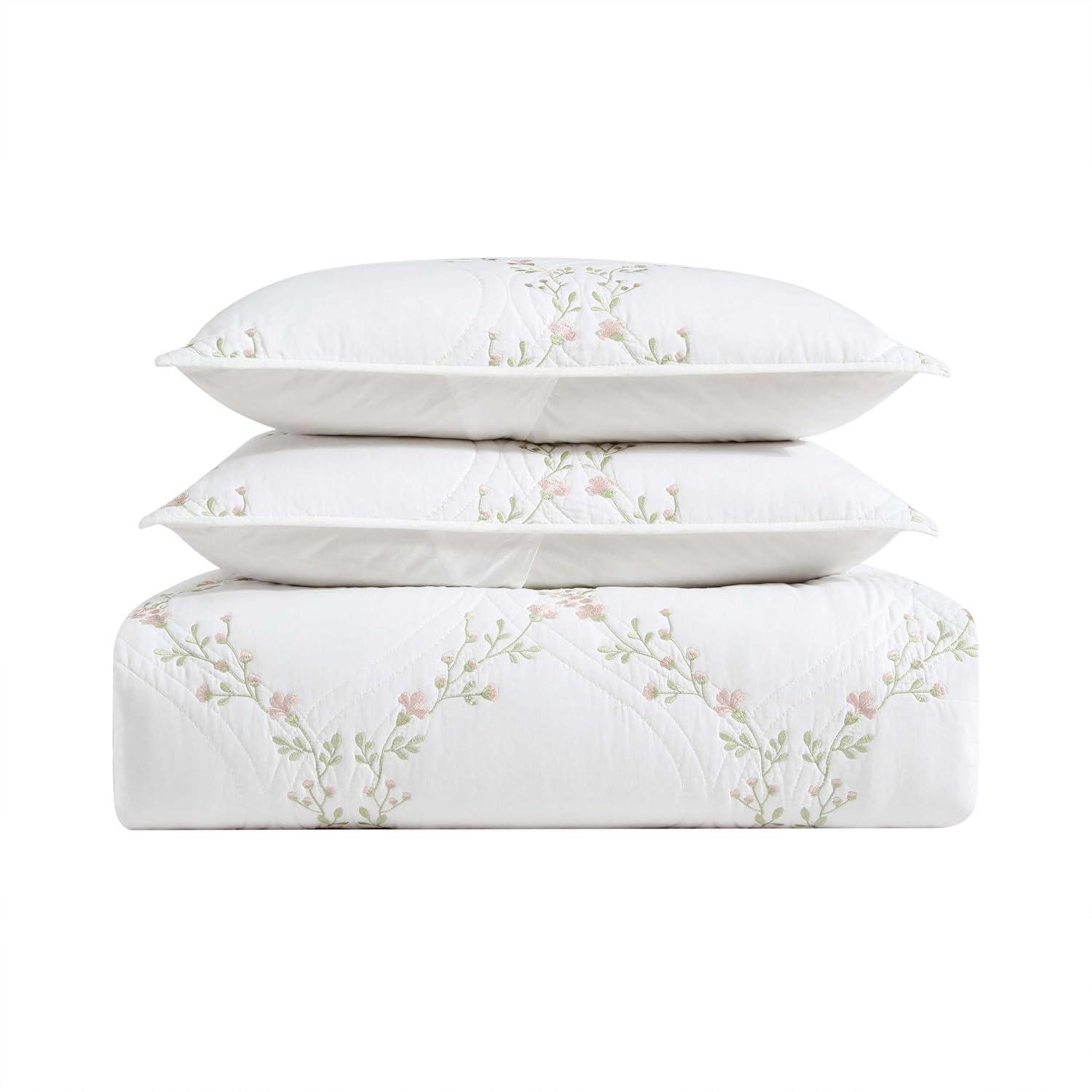 Laura Ashley - Full/Queen Quilt Set, Super Soft & Breathable Embroidered Bedding with Matching Sham(s), Floral Home Decor (Floral Embroidery Pink, Full/Queen)