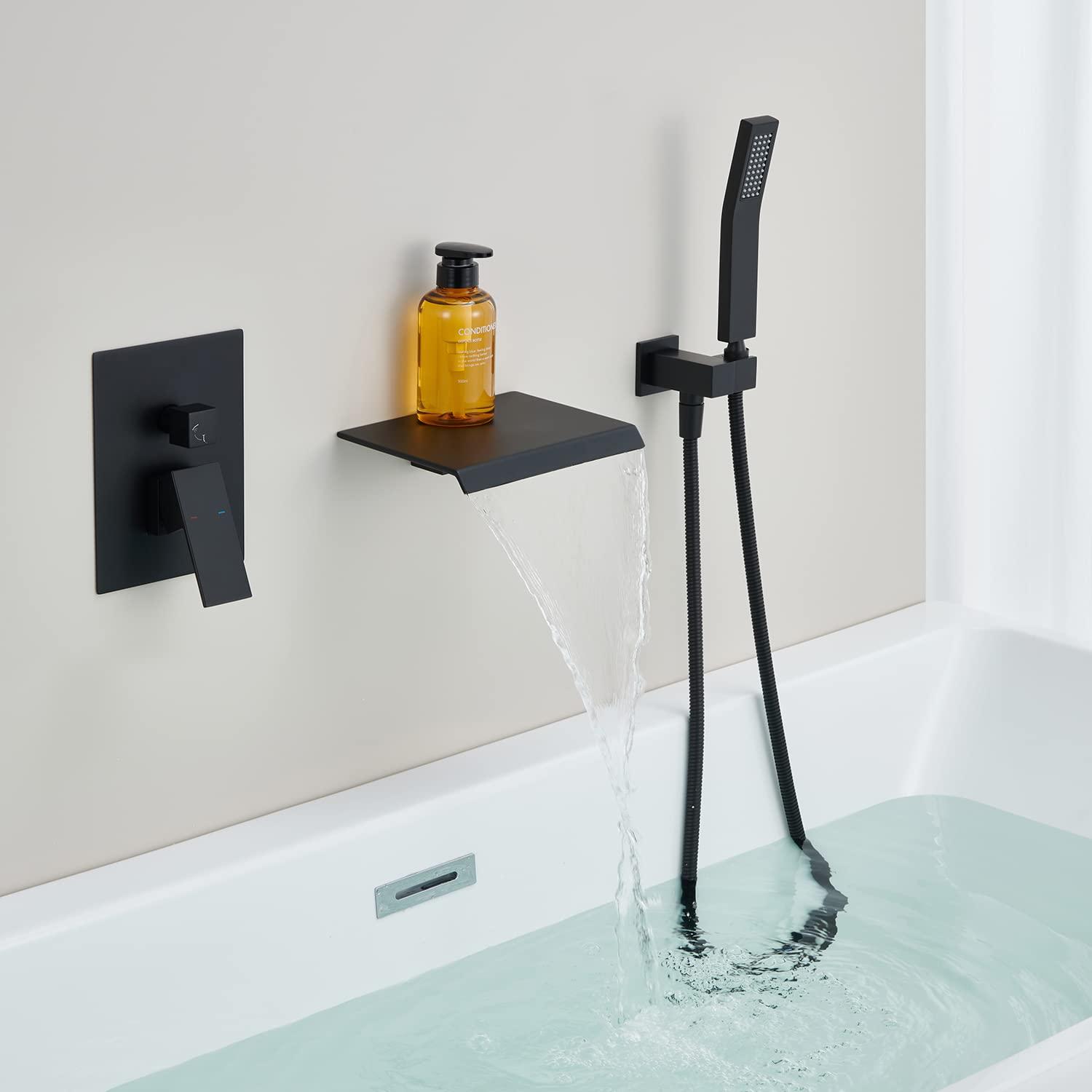 Airuida Wall Mount Tub Faucet with Waterfall Tub Spout Wall Mounted Bathtub Faucet with Handheld Shower Single Handle Tub Filler Shower Faucet Set with Rough-in valve Straight Spout Matte Black