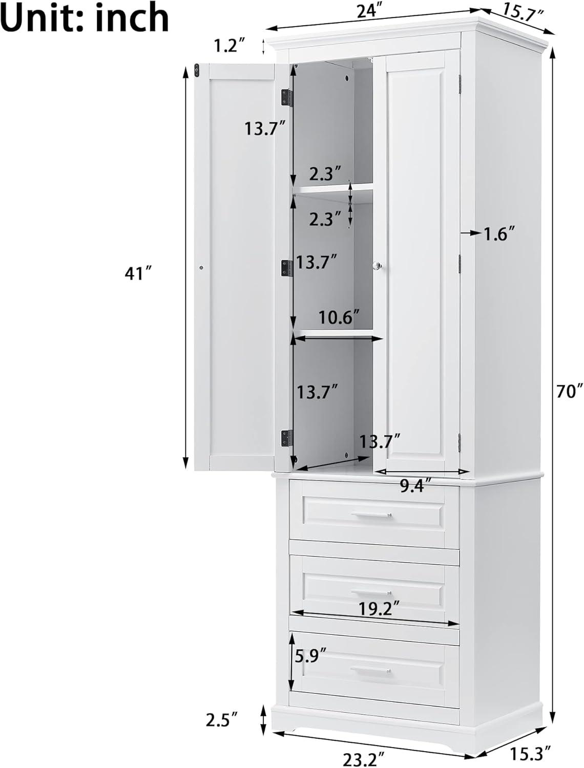 Tall White MDF Freestanding Storage Cabinet with Adjustable Shelves