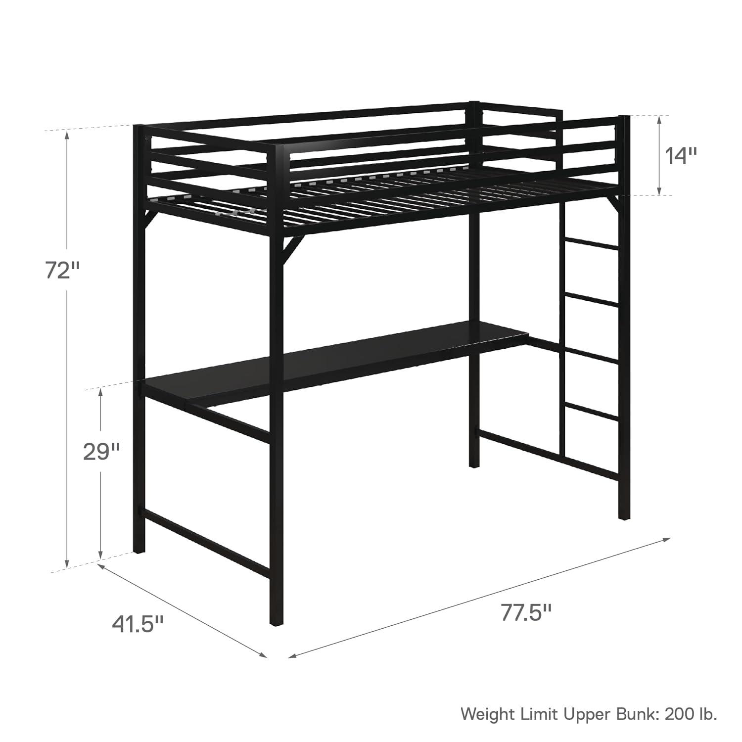 DHP Miles Metal Twin Loft Bed with Desk, White