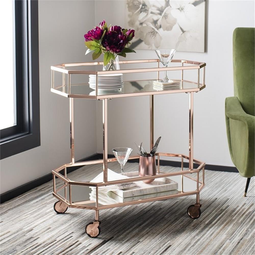 SAFAVIEH Silva 2 Tier Modern Glam Octagon Bar Cart with Casters, Rose Gold