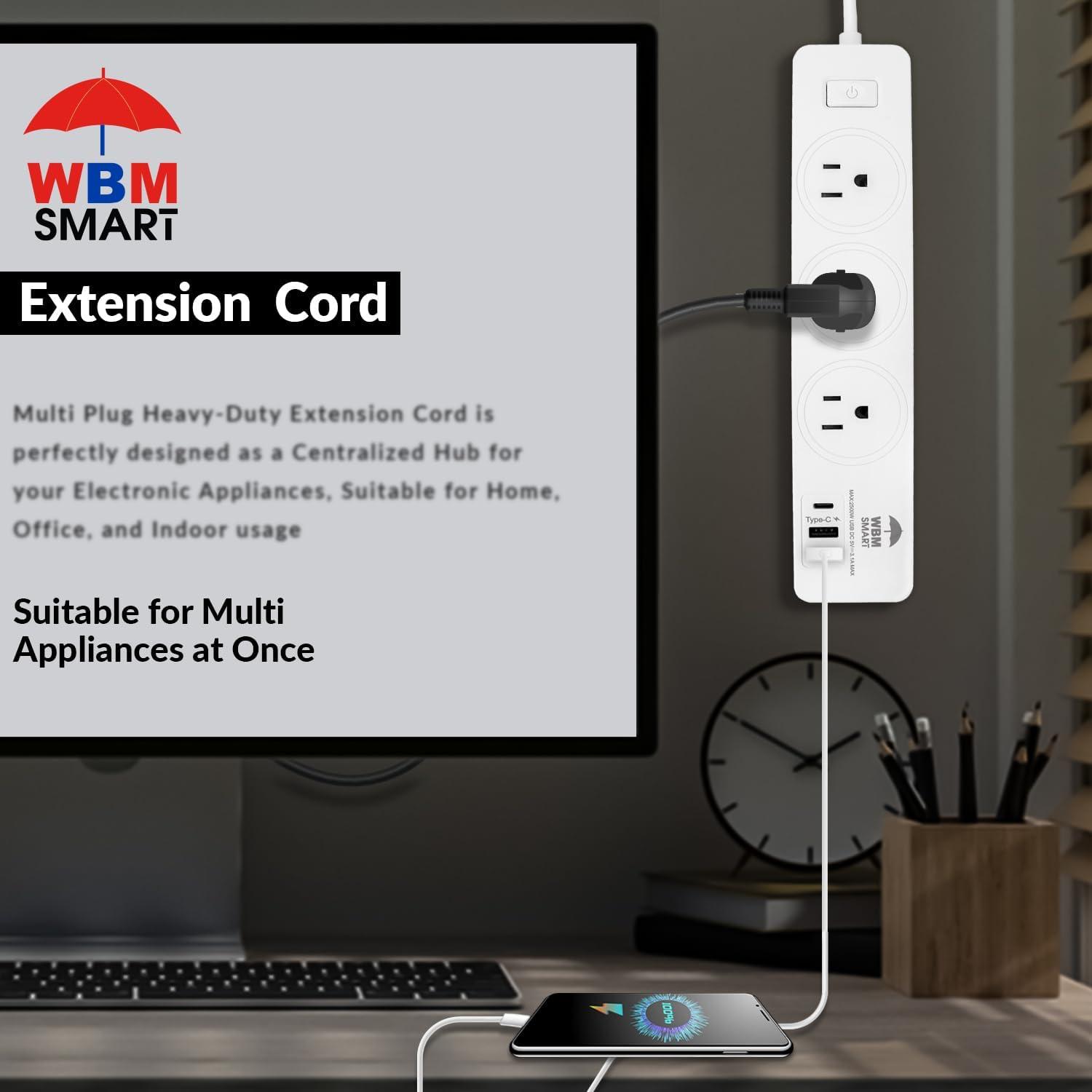 WBM Smart Power Strip 5.9 ft, Extension Cord Socket 10 A with 2 USB Ports and 1 Type C