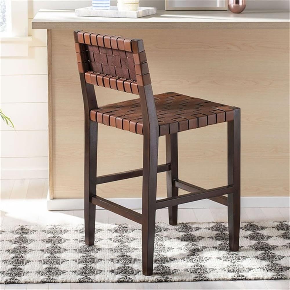 Paxton Woven Leather Counter Stool - Cognac/Walnut Finish - Safavieh