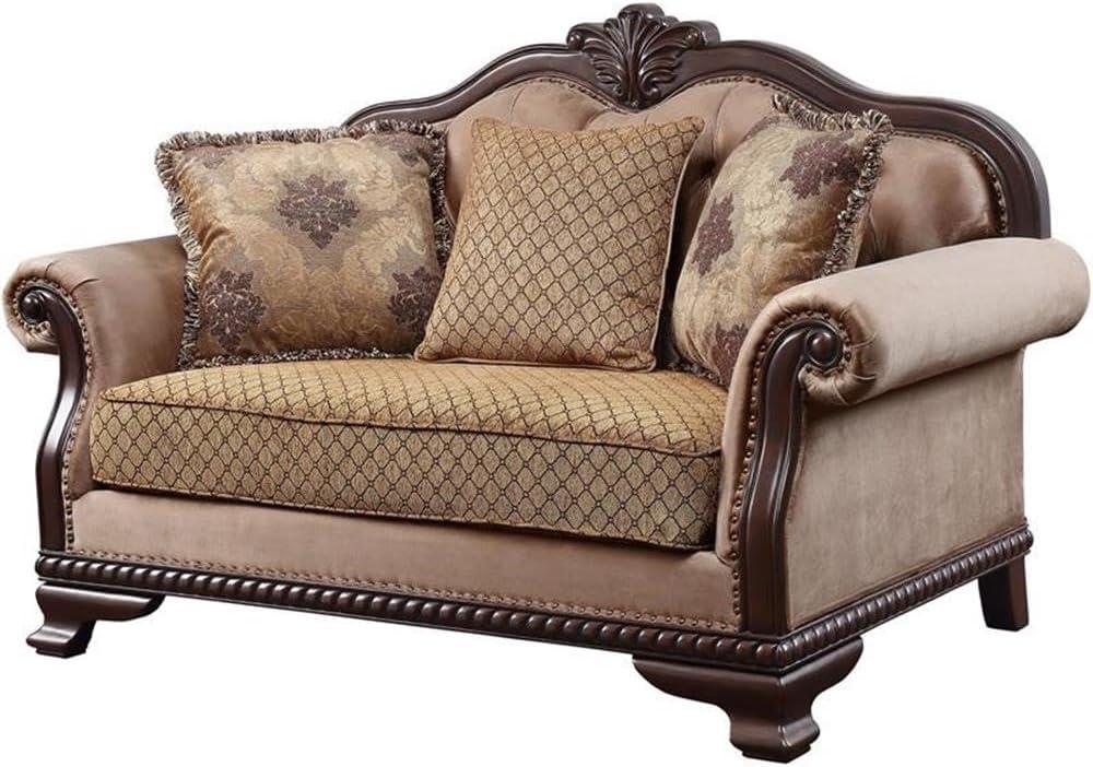 Beige Tufted Fabric Loveseat with Floral Pillows and Nailhead Trim