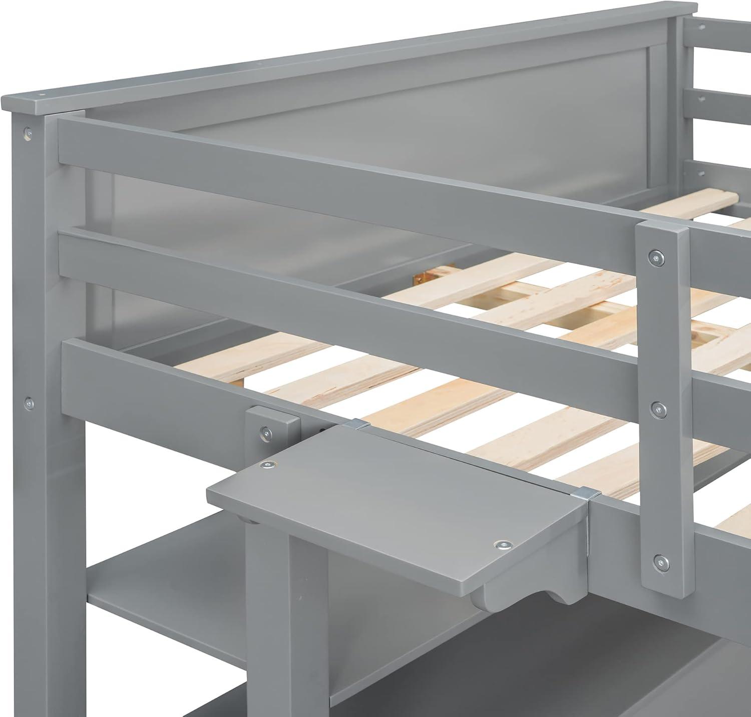 Full Size Loft Bed with Desk and Storage Drawers, Wood Loft Bed Frame with Shelves and Ladder for Kids Adults Boys Girls Teens, Gray