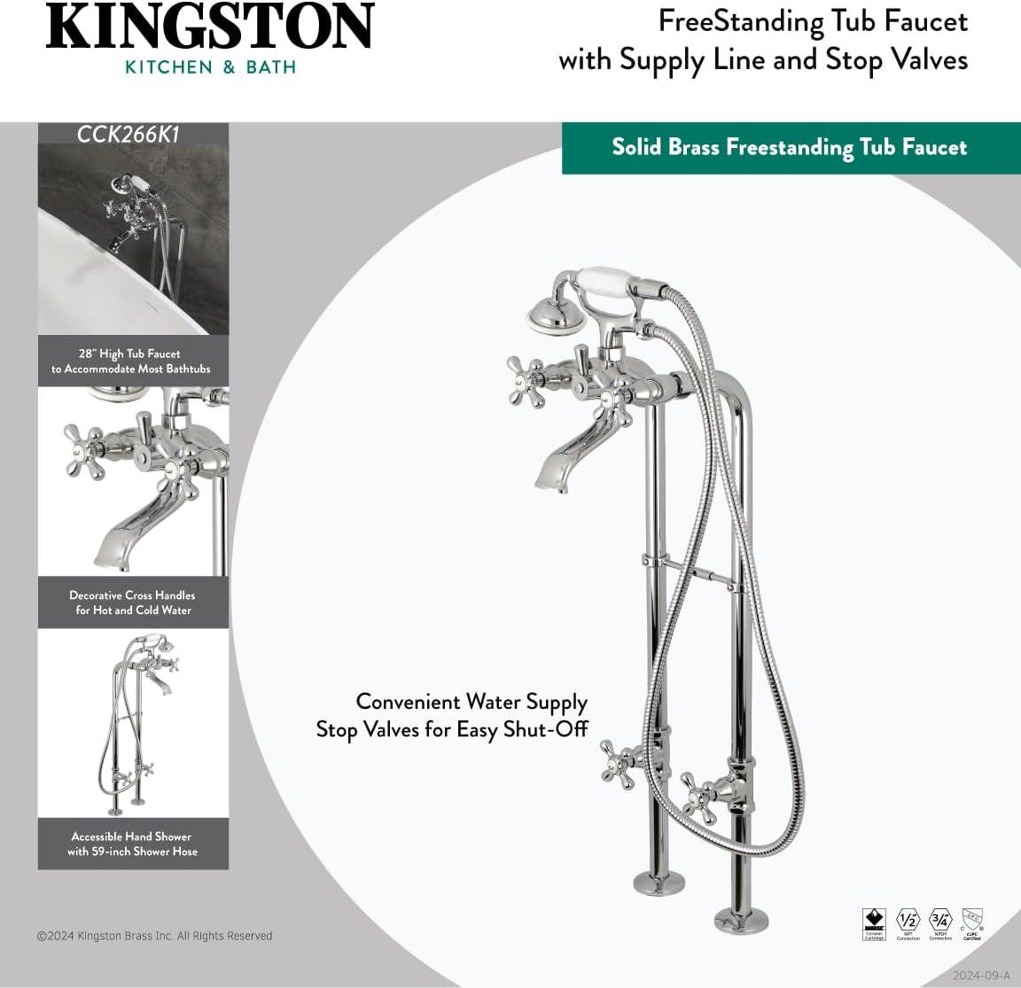 Kingston Brass Kingston Three-Handle 2-Hole Freestanding Tub Faucet with Supply Line and Stop Valve