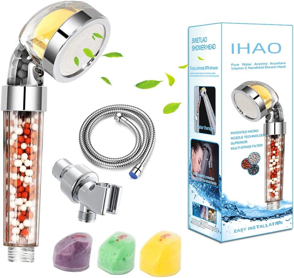 IHAO Vitamin C Filter High Pressure Handheld Shower Head with Bracket and Metal Hose Purifying Hard Water Softener Chlorine Flouride Filter Aroma Showerhead Fresh Dry Skin & Hair Loss