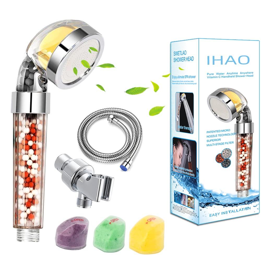 IHAO Vitamin C Filter High Pressure Handheld Shower Head with Bracket and Metal Hose Purifying Hard Water Softener Chlorine Flouride Filter Aroma Showerhead Fresh Dry Skin & Hair Loss
