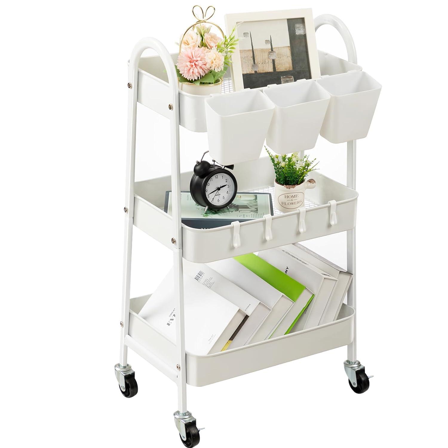 danpinera 3 Tier Metal Rolling Cart with Wheels Craft Cleaning Utility Cart for Storage-White