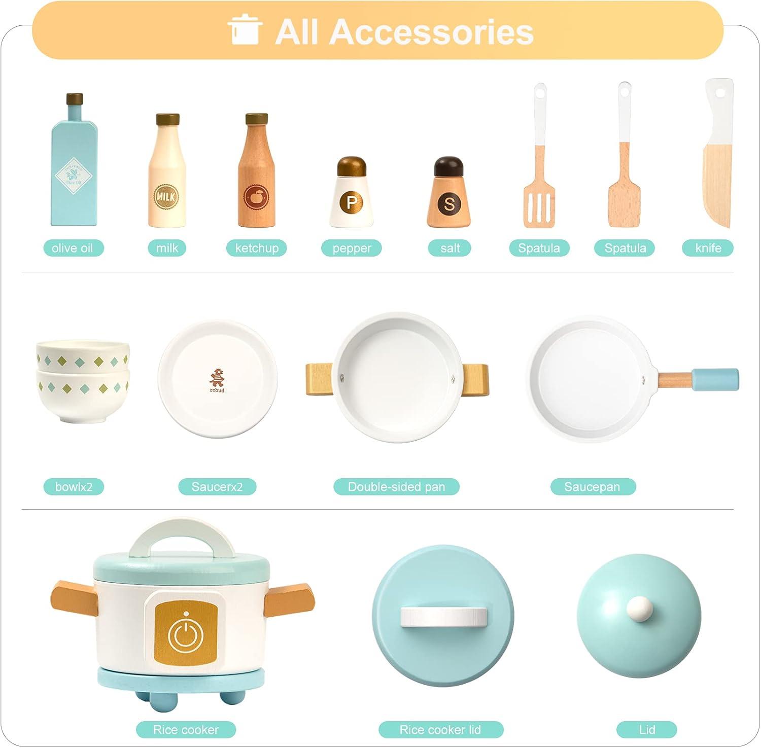 ROBUD Solid Wood Play Kitchen & Accessories Set, Preschool Kitchen Set, Kids Kitchen Playset